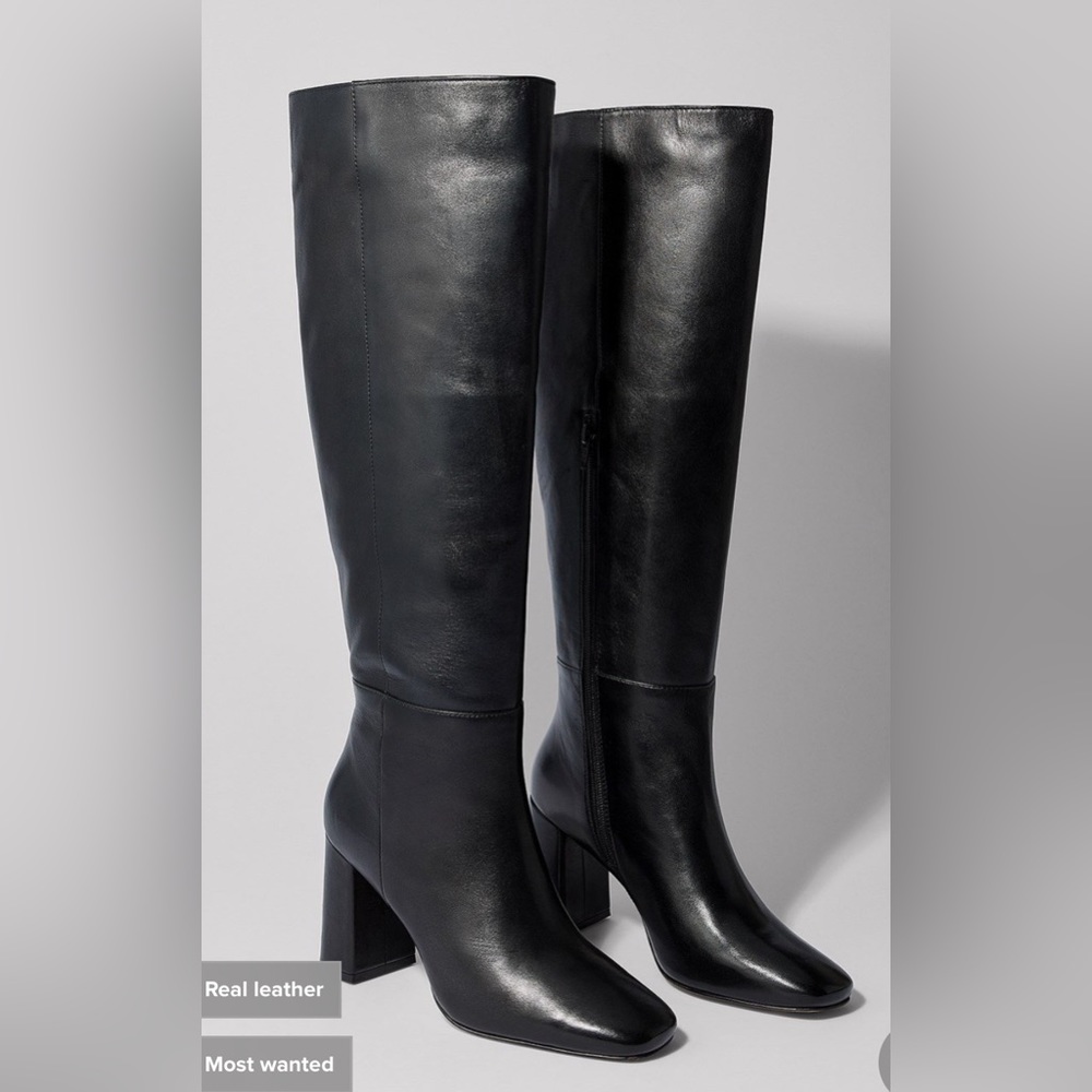 NA-KD black leather knee high boots